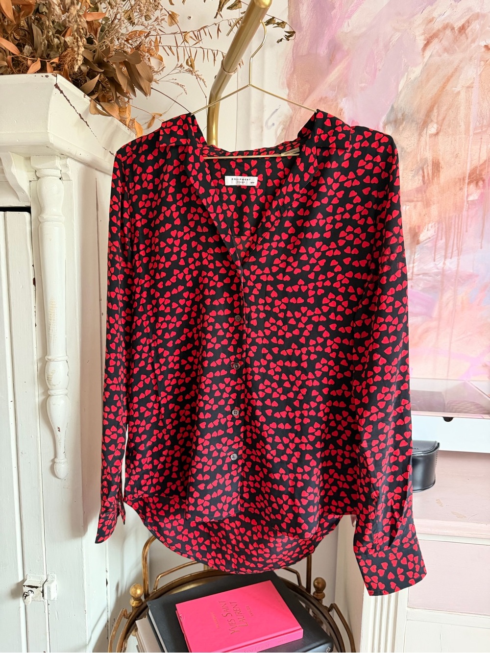 Equipment Black Button-Down Blouse with Red Heart Print